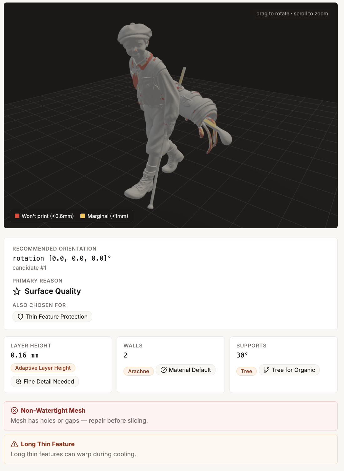 Example Pre-Slice response showing the orientation and settings cards